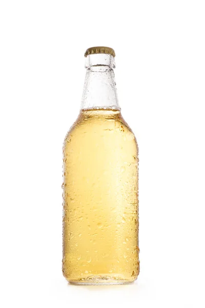 Garrafa Cerveja Dourada Com Gotas Água Isolado Branco — Fotografia de Stock