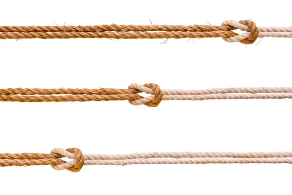 Drei Grobe Seile Mit Riffknoten Gesetzt Isoliert Auf Weiß — Stockfoto