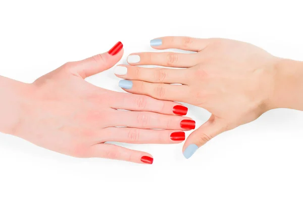 Two Woman Hands Perfect Nail Polish Isolated White Clipping Path — Stock Photo, Image