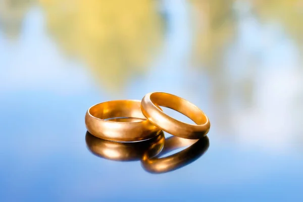 Two Bright Golden Wedding Rings Abstract Nature Background Reflection Blurred — Stock Photo, Image