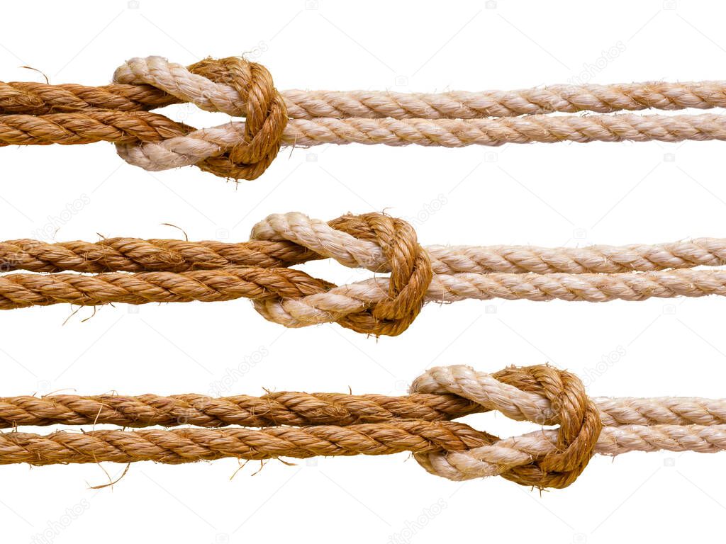 Three reef knots. Set of ropes isolated on white