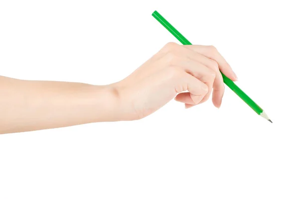 Een Vrouw Met Een Groene Pen Geïsoleerd Wit Inclusief Knippad — Stockfoto