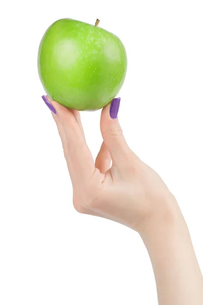 Mão Mulher Com Pele Perfeita Esmalte Violeta Segurando Maçã Verde — Fotografia de Stock