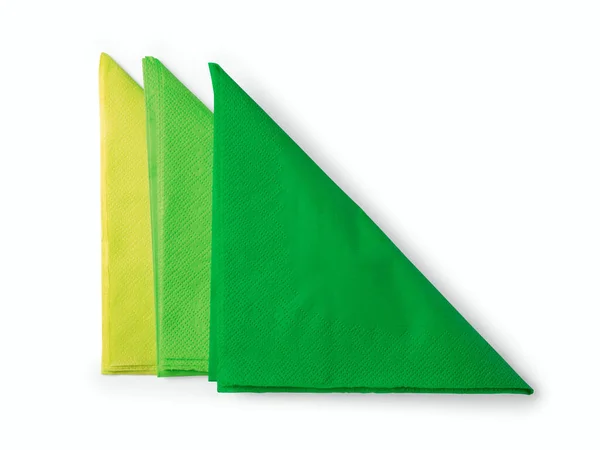 Drie Groene Gevouwen Papieren Servetten Geïsoleerd Wit Inclusief Knippad — Stockfoto