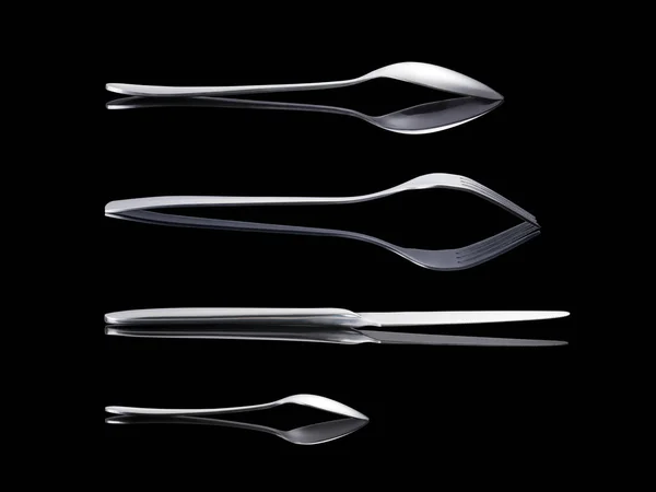 Stainless Modern Cutlery Set Reflections Side Views Spoon Fork Knife — Stock Photo, Image