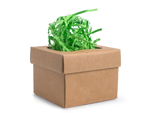 Boîte Cadeau Carton Artisanal Avec Papier Enveloppé Vert Isolé Sur — Photo