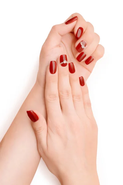 Woman Hands Red Art Nail Polish Rhinestones Isolated White Clipping — Stock Photo, Image