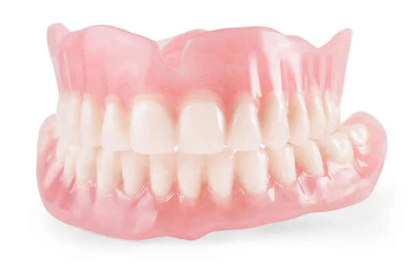 Falska Tänder Nära Håll Isolerad Vit Klippbana Inkluderar — Stockfoto