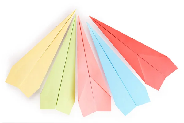Vijf Pastelkleurige Papieren Vliegtuigjes Wit Bovenaanzicht — Stockfoto