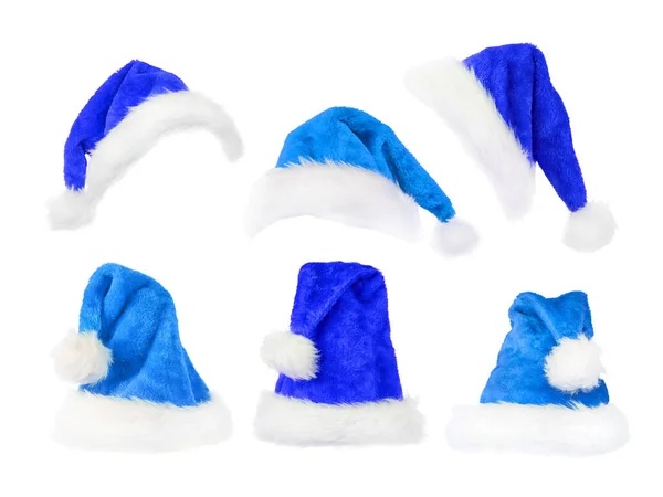 Cyan Blue Christmas Hats Set Isolated White — Stock Photo, Image