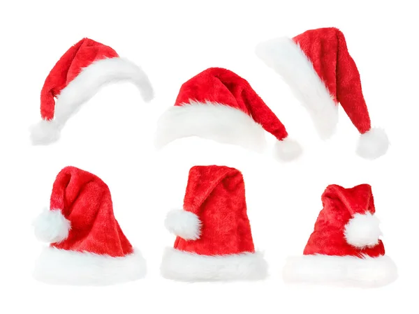 Red Christmas Hats Set Isolated White — Stock Photo, Image