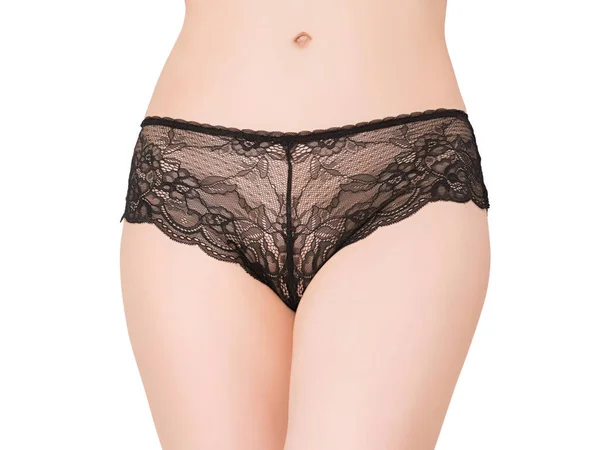 Woman Black Lace Panties Waist Hips Close Isolated White — Stock Photo, Image