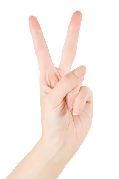 Beautiful Woman Hand Showing Victory Gesture Isolated White Clipping Path — Stock Photo, Image
