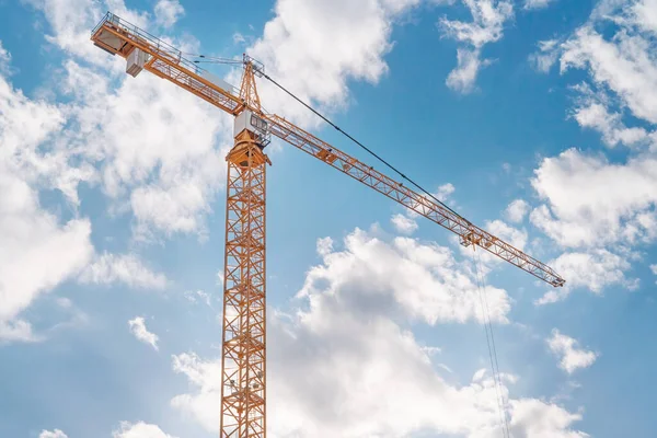 Orange Construction Crane Blue Cloudy Sky — Stock Photo, Image