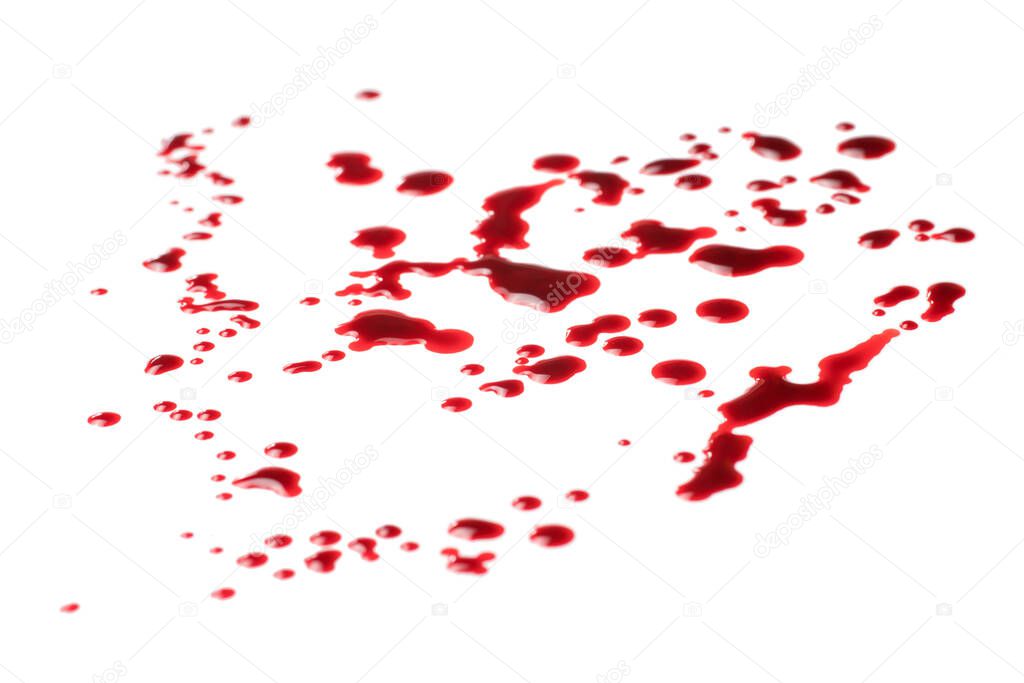 Spilled blood. Blood drops, isolated on white background, angle view selective focus