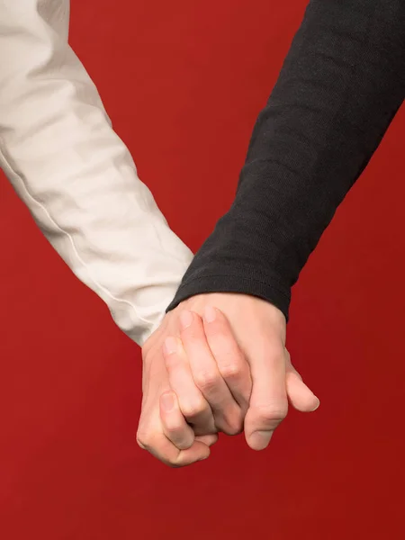 Man Woman Hand Hand Red Background — Stock Photo, Image