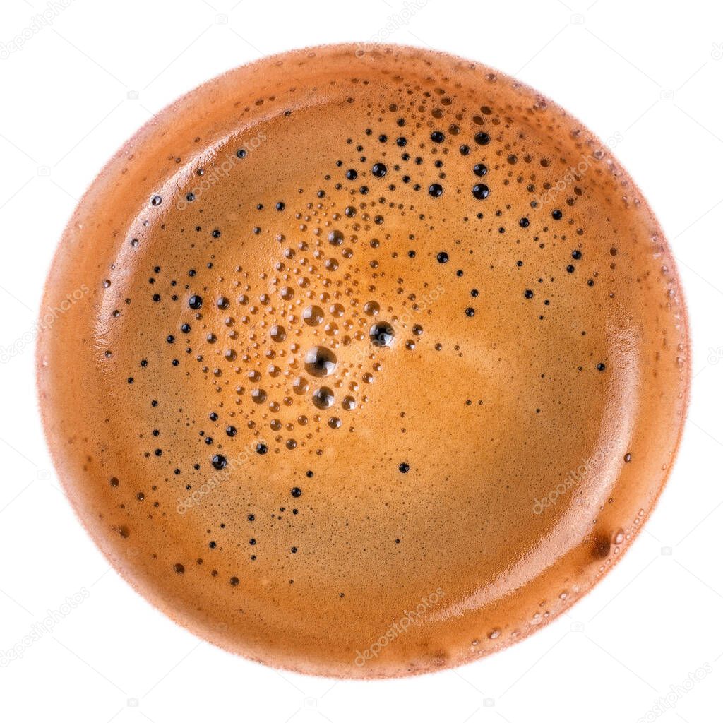 Round coffee foam isolated top view. Macro texture and background