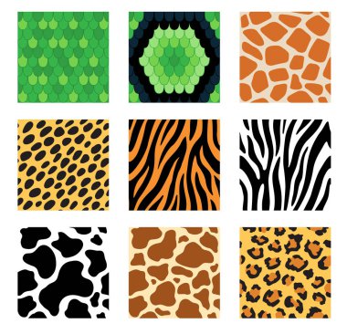 Hayvan derileri (Çita, leopar, jaguar, kaplan, sırtlan, zebra, zürafa, inek, yılan, kertenkele seamless modeli kümesi)