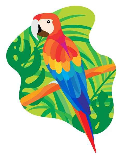 异国情调的热带鹦鹉金刚鹦鹉在热带植物背景 明亮的热带鹦鹉金刚鹦鹉从南美洲 位于一个分支在热带叶子 — 图库矢量图片