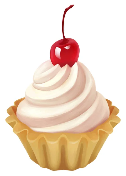 一个美味的蛋糕与奶油和樱桃在顶部的照片性的例证 在白色背景上被隔绝 — 图库照片