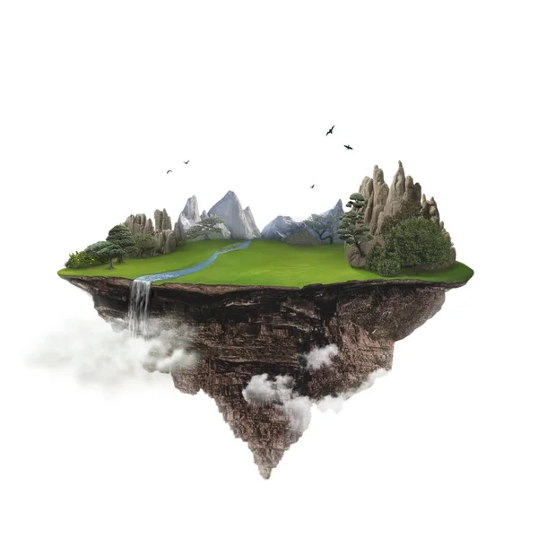 山と空高く飛んで滝浮動の孤立した緑島 — ストック写真
