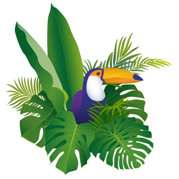 バナナ モンスター ヤシの熱帯の葉に座って白い背景に切り取られた熱帯鳥の成分 — ストックベクタ