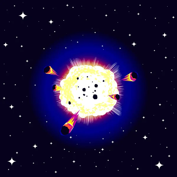 Big Bang in the Space with pieces of the planet flying apart on the stars sky background (The birth of the universe by the big explosion in the dark of space)