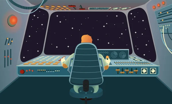 宇宙船の宇宙飛行士は後ろから見て椅子に座って様々なボタンとレバーで宇宙船を制御するコントロールパネル — ストックベクタ