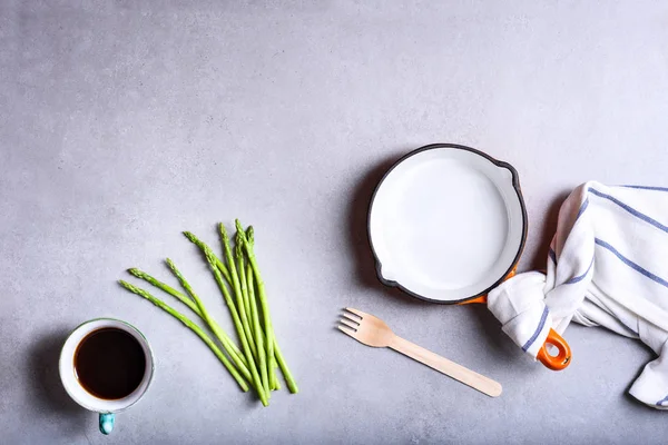 Kitchenware Kitchen Utensils Cooking Background Ingredients Frypan Asparagus Coffee Cup — Stock Photo, Image