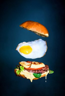 Yumurta Burger mayo ve aioli ile uçan. Hamburger lokanta kayan malzemeler.