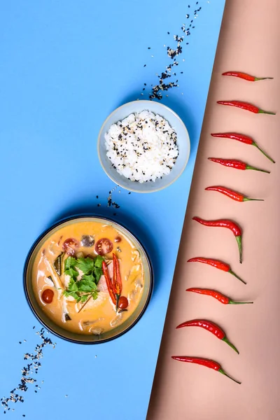 Karides, Hindistan cevizi sütü ve bir kase chili biber ile Tom Yam kung baharatlı çorba. Tay deniz ürünleri mutfağı. Üstten Görünüm, kopya alanı.