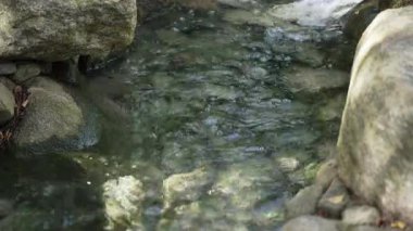 Taşların üzerinden akan suyun yakın çekimi. Temiz su, derenin hareketini gösteriyor..