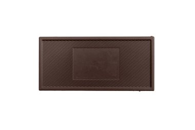 Single chocolate bar, light brown. Rectangular milk chocolate bar with diagonal lines and a central plain rectangle, isolated on a white background. Smooth and simple design.