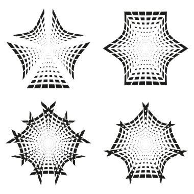 Yıldız patlaması geometrik elementleri. Yarım ton nokta deseni. Siyah gri şekiller. Sanatsal vektör seti. EPS 10.
