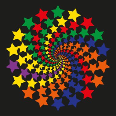 Renkli yıldız sarmalı. Gökkuşağı girdap deseni. Psikedelik yıldız patlaması. Vektör soyut illüstrasyon. EPS 10.