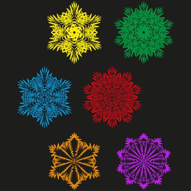 Soyut kar tanesi tasarımları. Simetrik geometrik desenler. Renkli dekoratif elementler. Vektör kış süsleri. EPS 10.