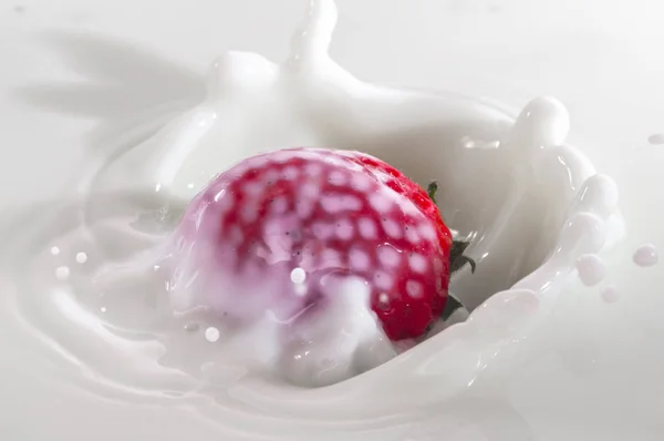 pure falling strawberry into milk with splash