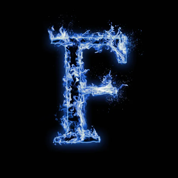 Letter F. Blue fire flames on black isolated background, realistic fire effect with sparks. Part of alphabet set