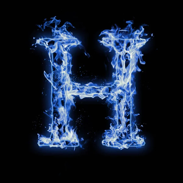 Letter H. Blue fire flames on black isolated background, realistic fire effect with sparks. Part of alphabet set