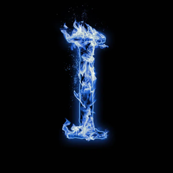 Letter I. Blue fire flames on black isolated background, realistic fire effect with sparks. Part of alphabet set