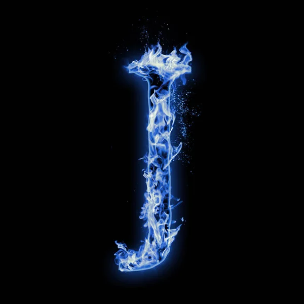 Letter J. Blue fire flames on black isolated background, realistic fire effect with sparks. Part of alphabet set