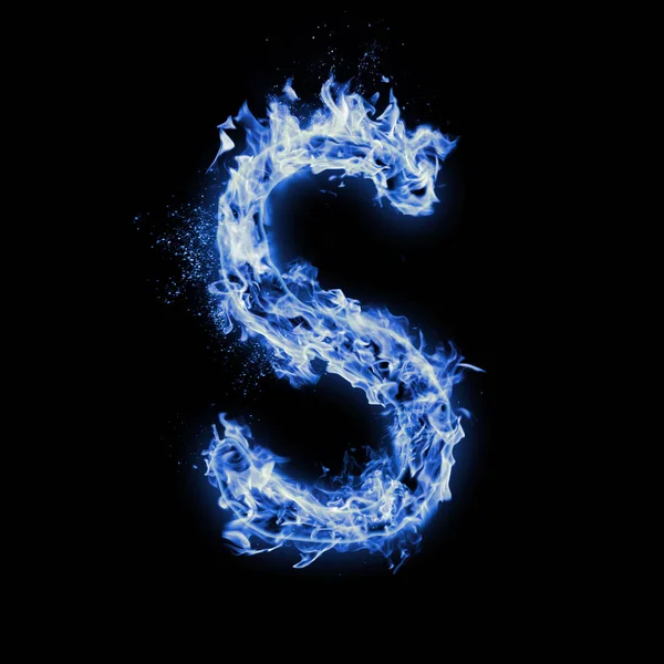 Letter S. Blue fire flames on black isolated background, realistic fire effect with sparks. Part of alphabet set