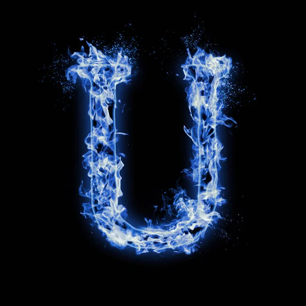 Letter U. Blue fire flames on black isolated background, realistic fire effect with sparks. Part of alphabet set