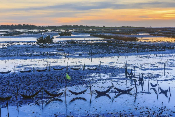 Strand Met Visnetten Bewolkte Zonsondergang Hemel — Stockfoto