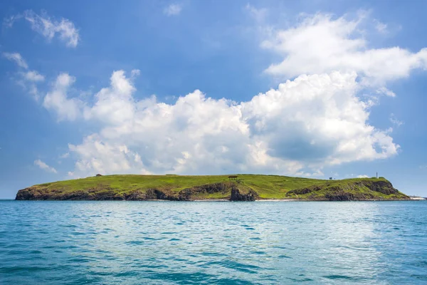 View Distant Green Island Beacon Blue Cloudy Sky — Stock Photo, Image