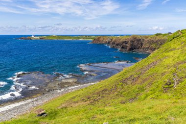 okyanus kıyısında yeşil kaplı kayalıklar