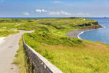 okyanus kıyısında yeşil kaplı kayalıklar