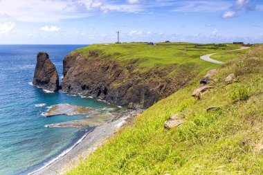 okyanus kıyısında yeşil kaplı kayalıklar