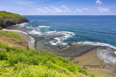 okyanus kıyısında yeşil kaplı kayalıklar