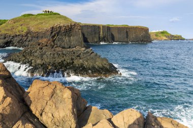 okyanus kıyısında yeşil kaplı kayalıklar